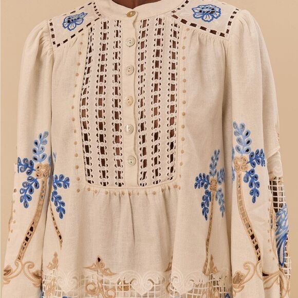 Farm Rio Off-White Romantic Richelieu Blouse Embroidered Size Large New with tag - Picture 2 of 5